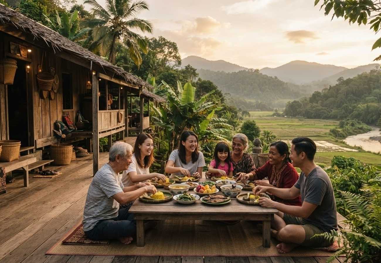 Rural Malaysian homestay landscape showcasing traditional architecture and community tourism