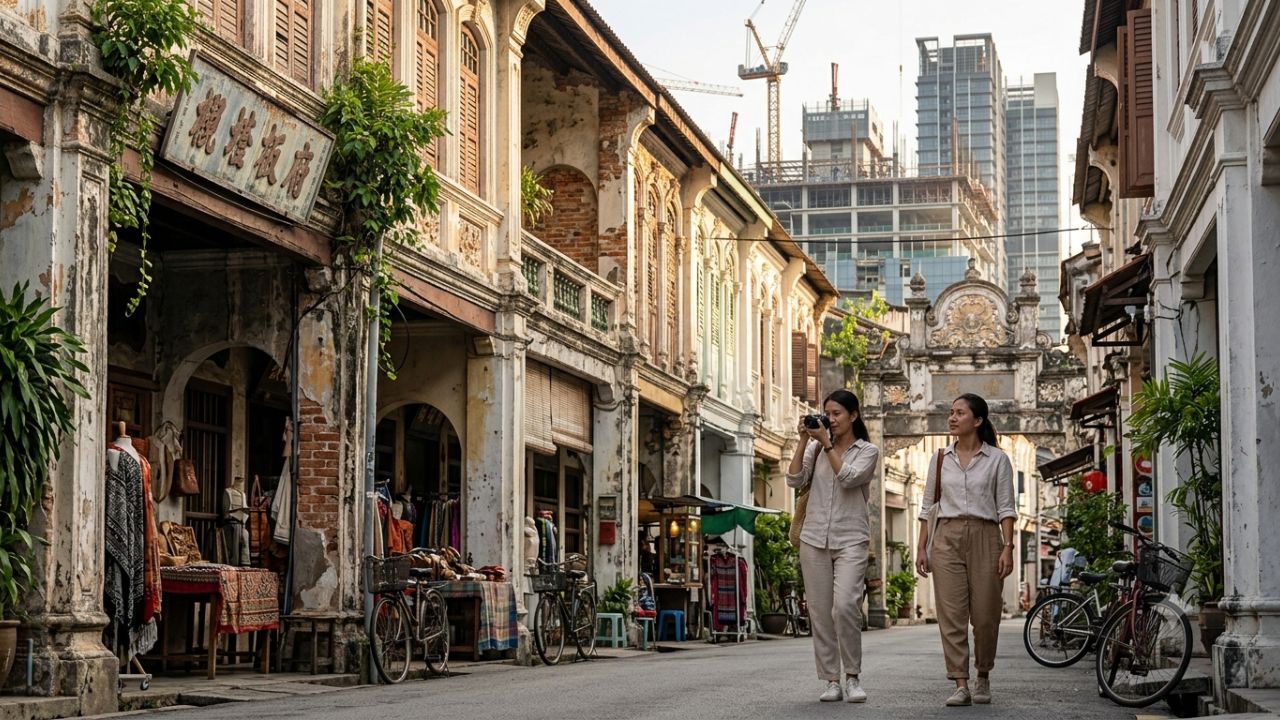 Historic Southeast Asian shophouses contrasted against rising modern skyscraper construction.