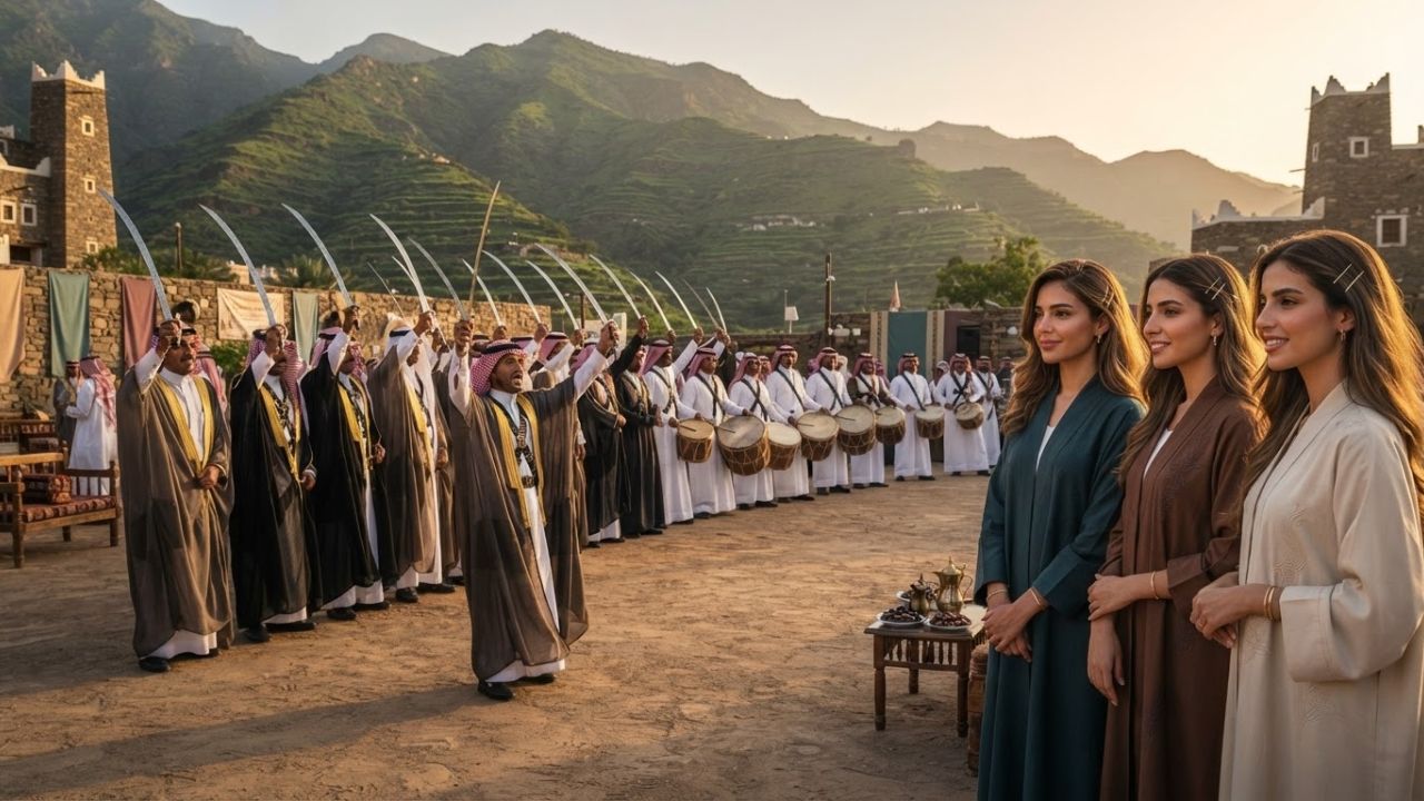 Performers in traditional Saudi dress holding swords in parallel rows during a Southern Ardah performance in the Al-Baha region of Saudi Arabia