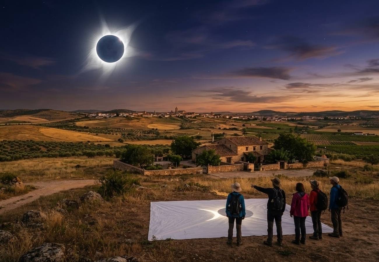 A total solar eclipse visible over the Spanish horizon