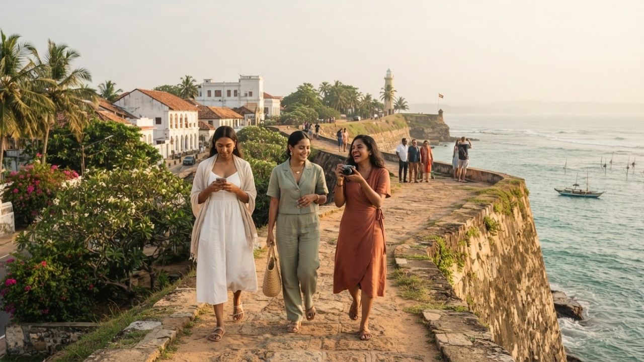 A majestic traditional temple and tropical coastline representing Sri Lanka travel.