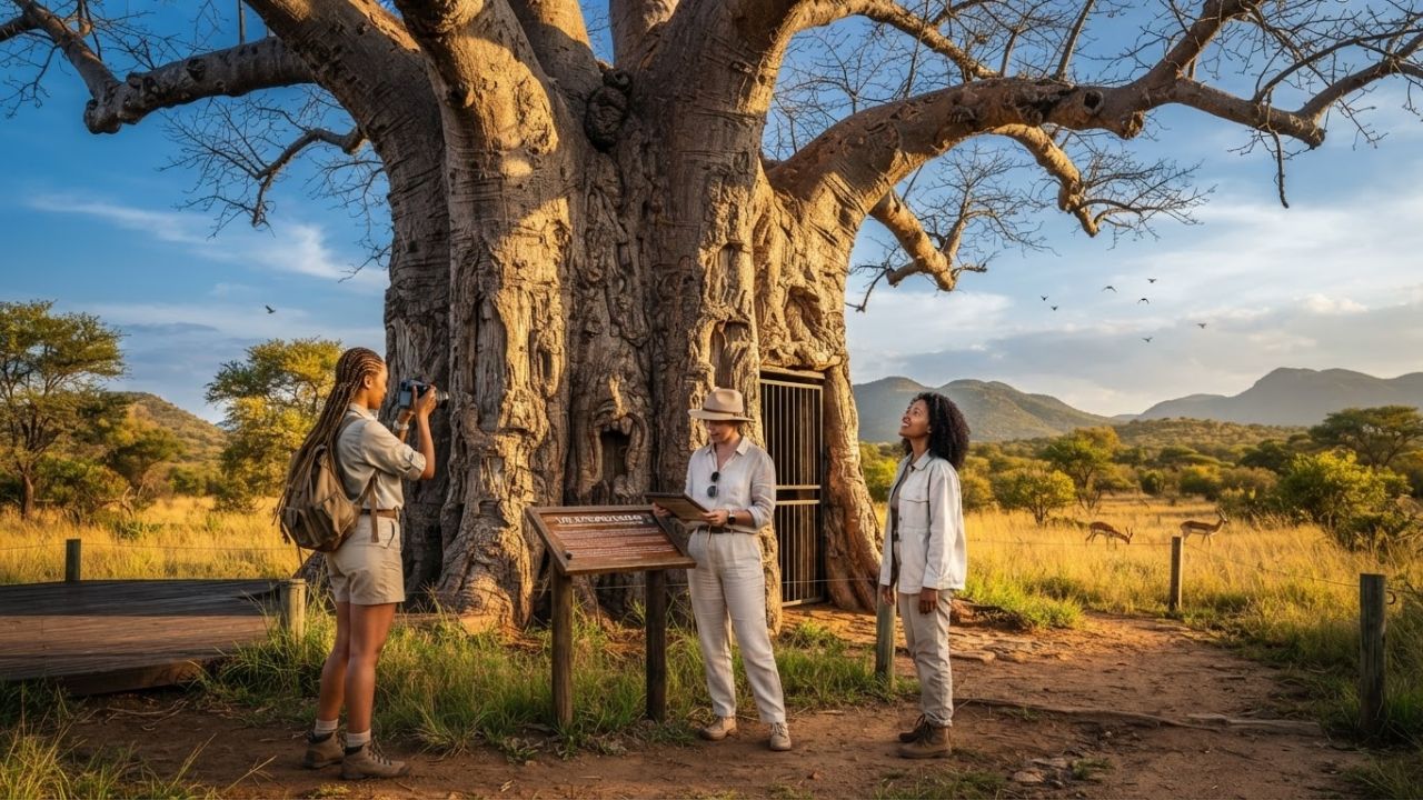 A weathered massive baobab tree showing major structural splits in a dry South African environment.