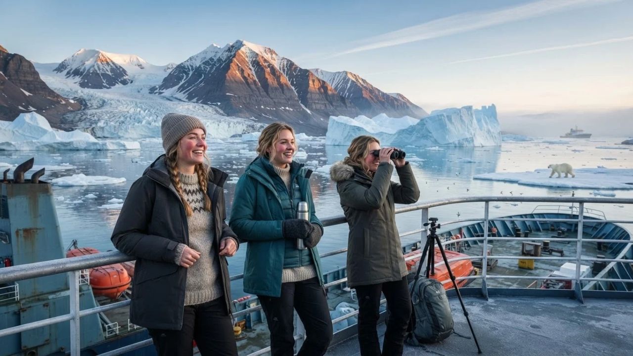 A hybrid expedition cruise ship navigating past drift ice and glaciers in Svalbard.