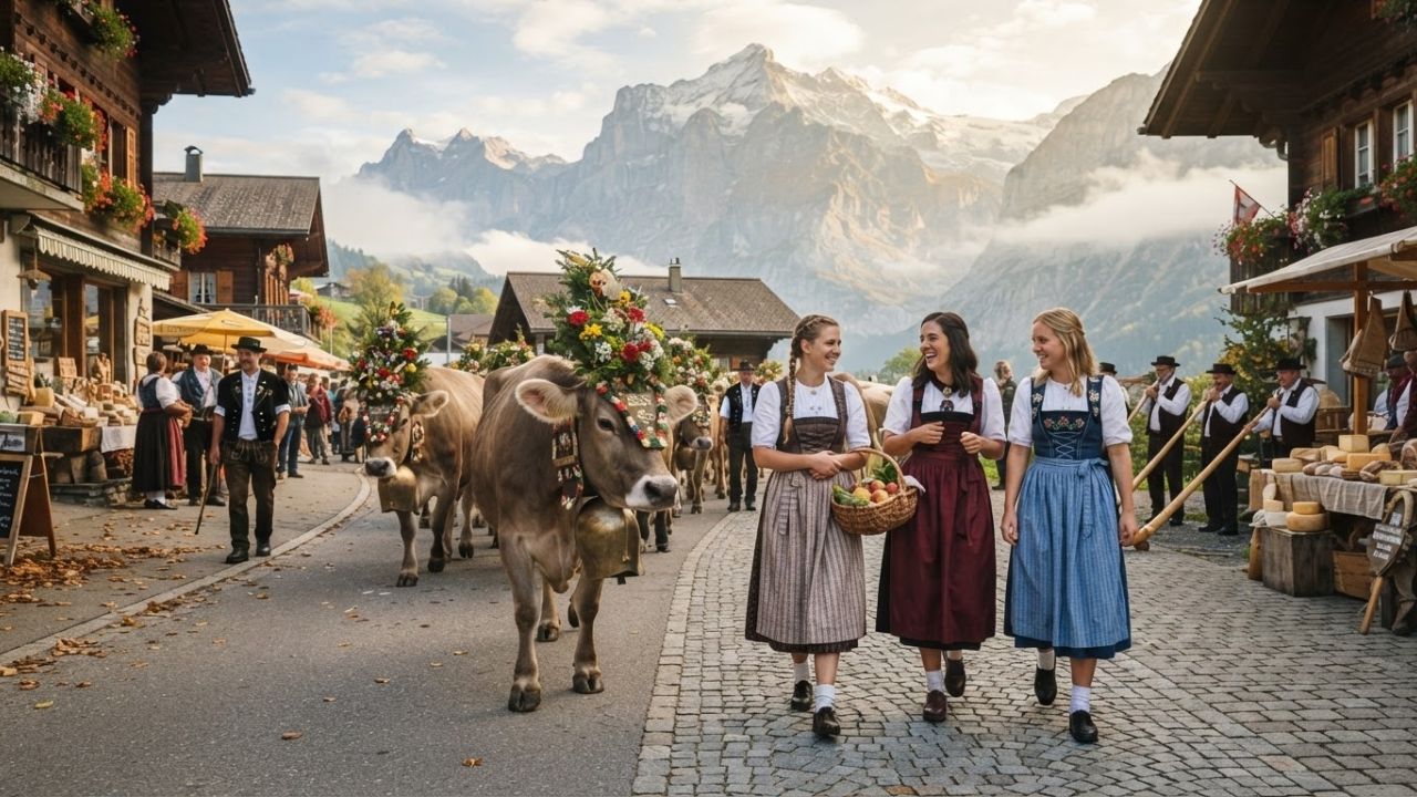 A herd of decorated Swiss cows wearing large bells descending from mountain pastures.
