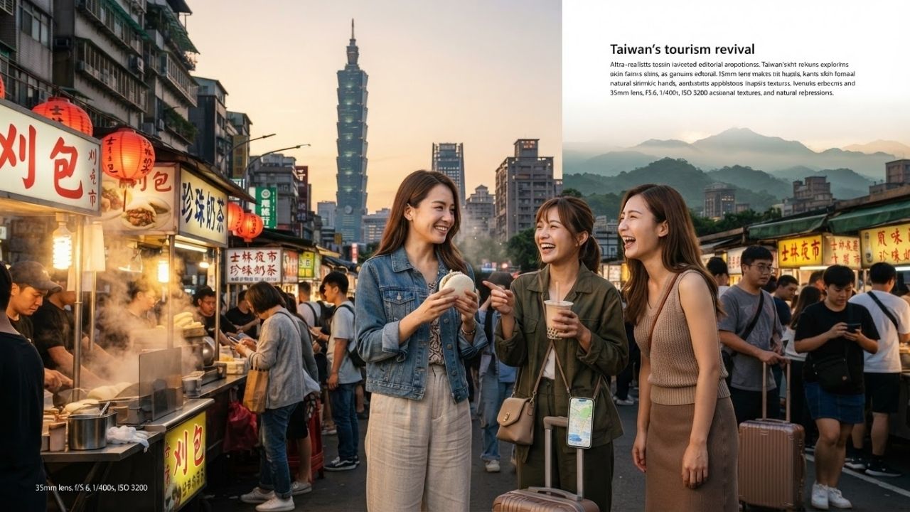 Taipei 101 skyline and vibrant night market illuminated at night in Taiwan