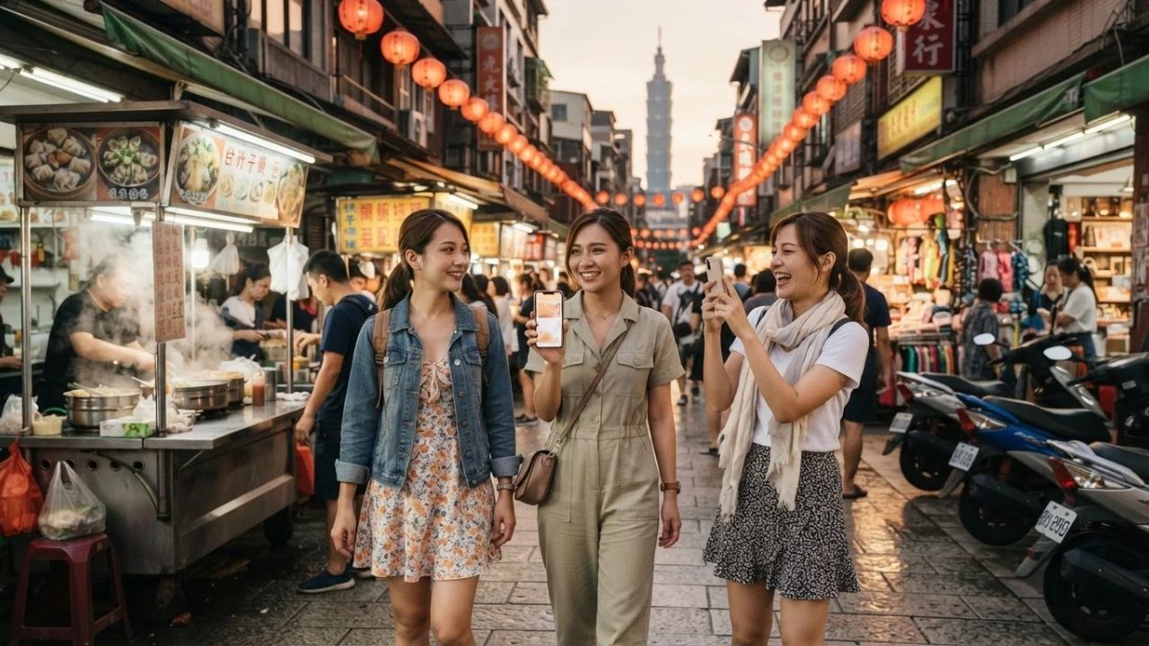 A vibrant street market in Taipei decorated with traditional red lanterns.