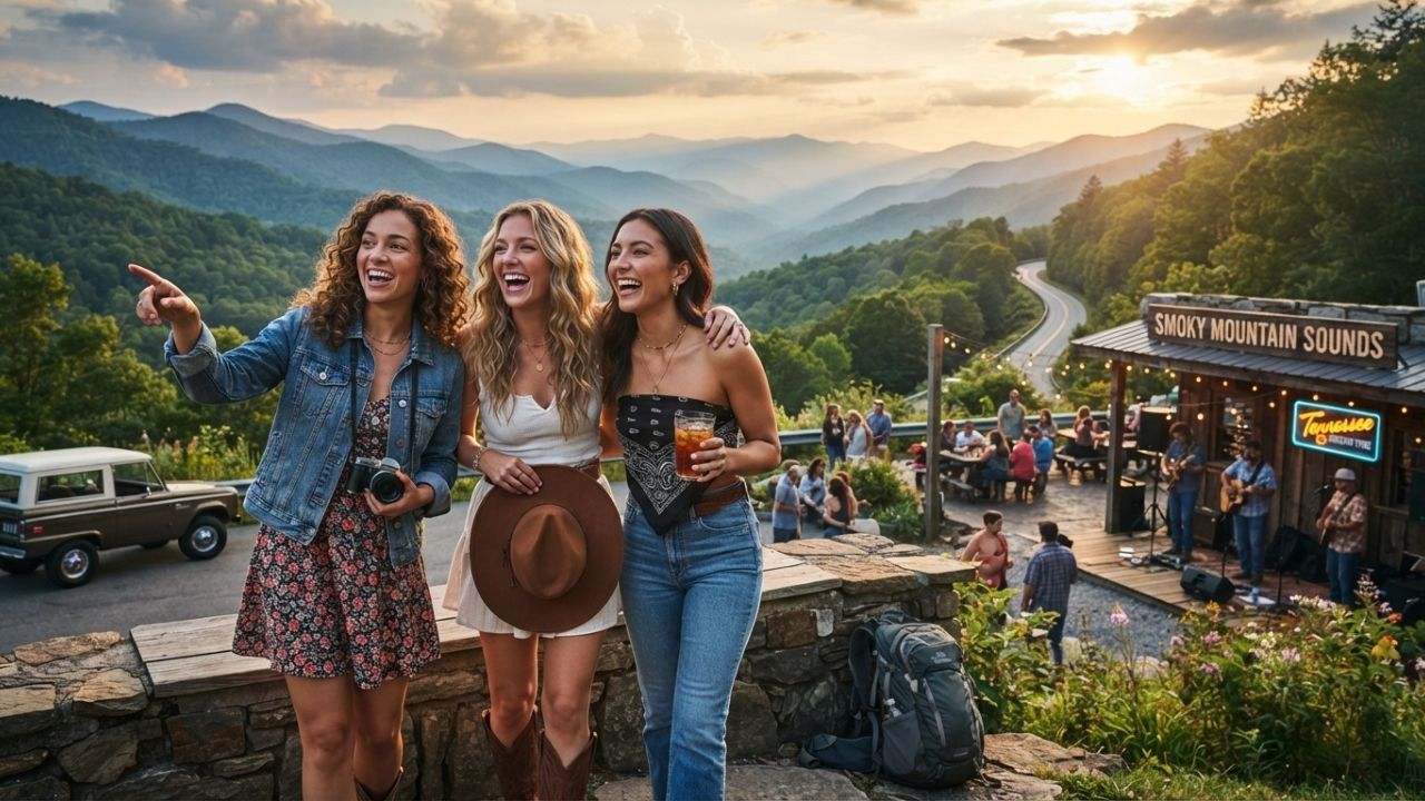 A scenic wide-angle view of the Great Smoky Mountains shrouded in blue mist, representing Tennessee's record-breaking tourism growth.