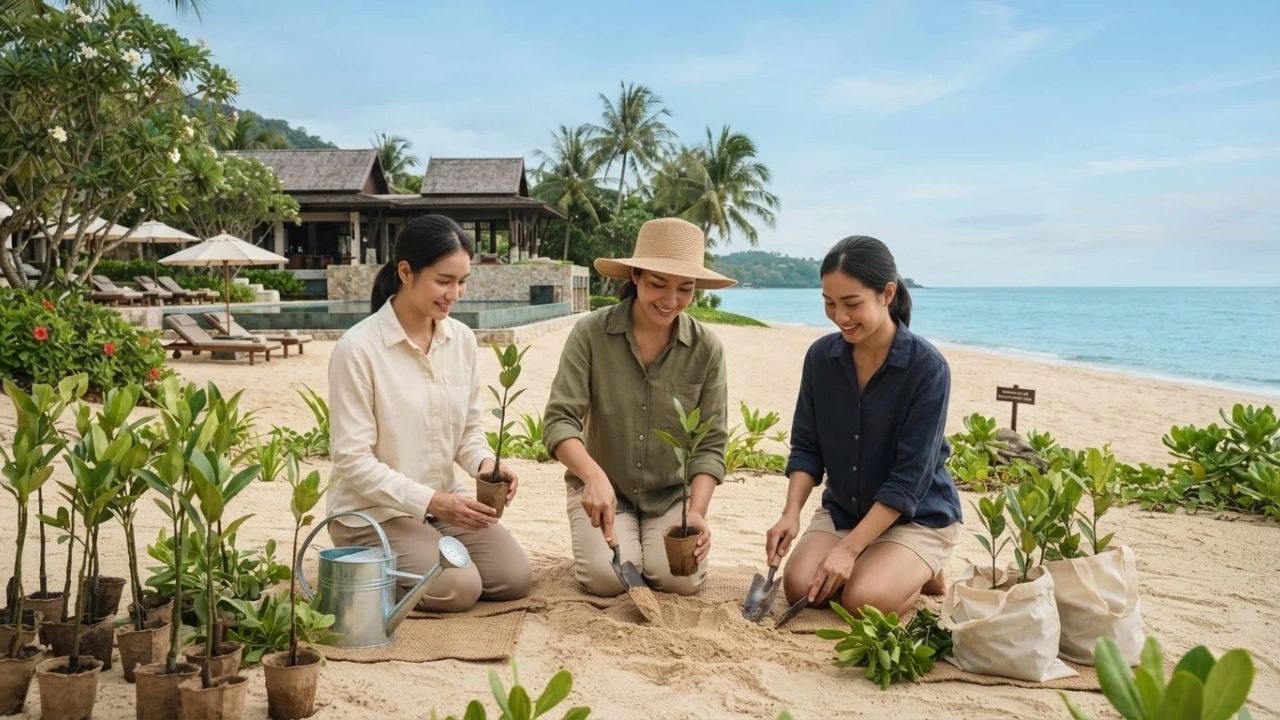 A group of travelers planting mangrove seedlings along a tropical shoreline in Khao Lak, Thailand.