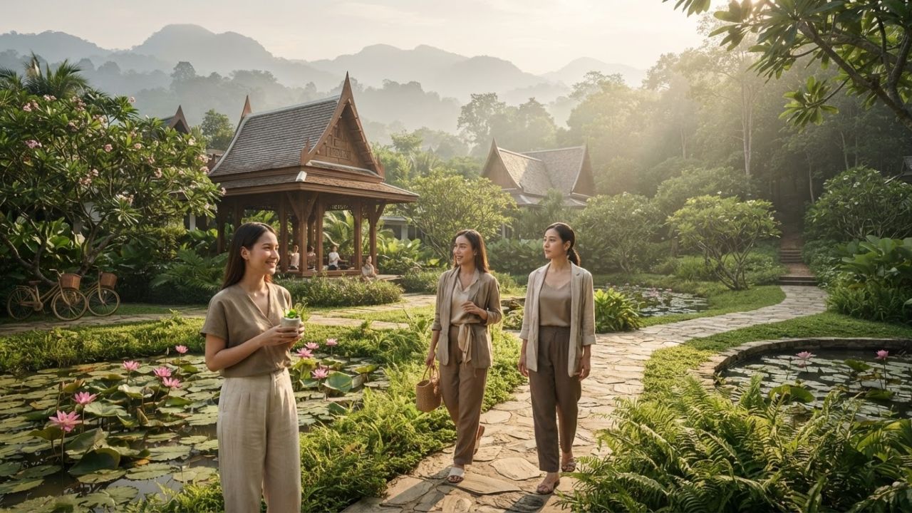 A peaceful Buddhist temple surrounded by lush tropical greenery in Thailand.