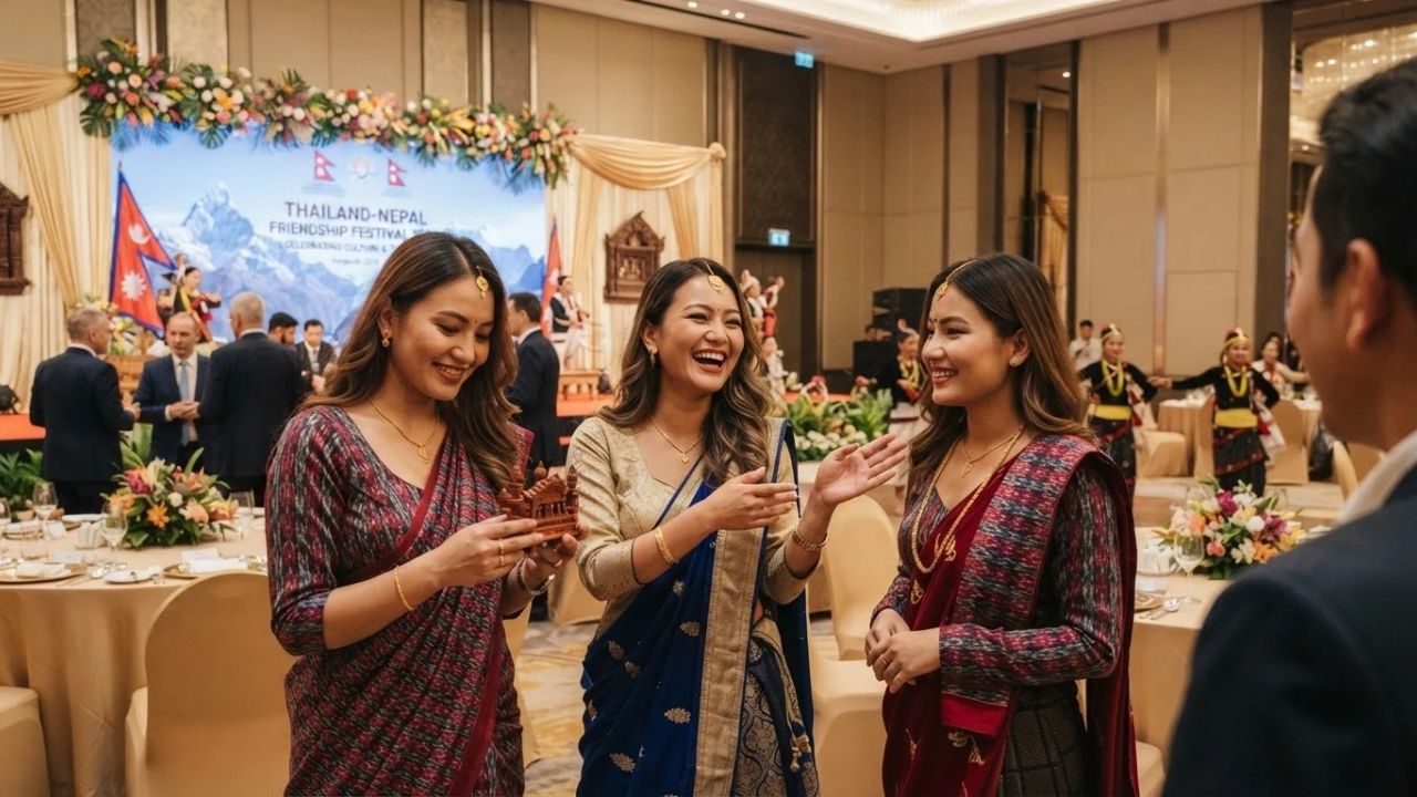 Dancers in traditional Nepali attire performing at a cultural festival in Bangkok.