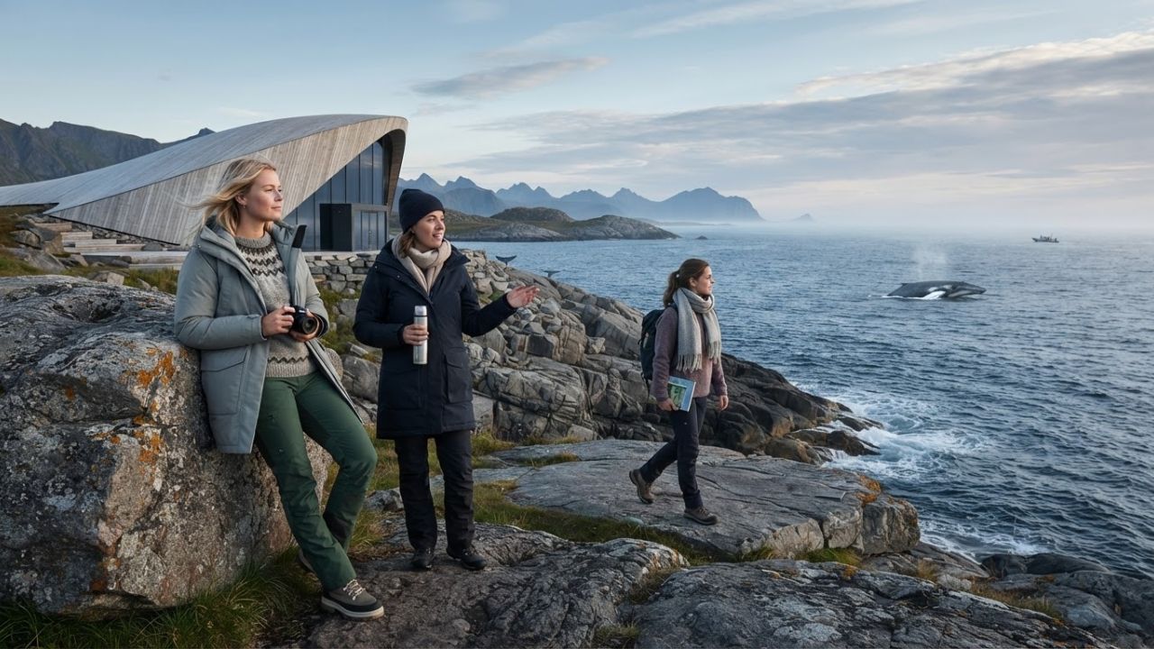 The Whale museum's dramatic curved structure rising from the rocky Arctic coastline at Andenes on Andøya Island, Norway, with the historic Andenes Lighthouse visible in the background