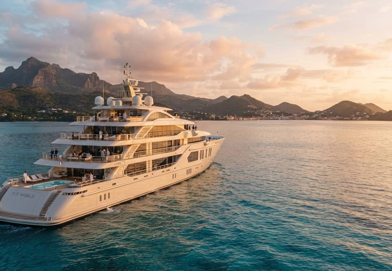 Luxury residential yacht The World sailing in deep blue waters