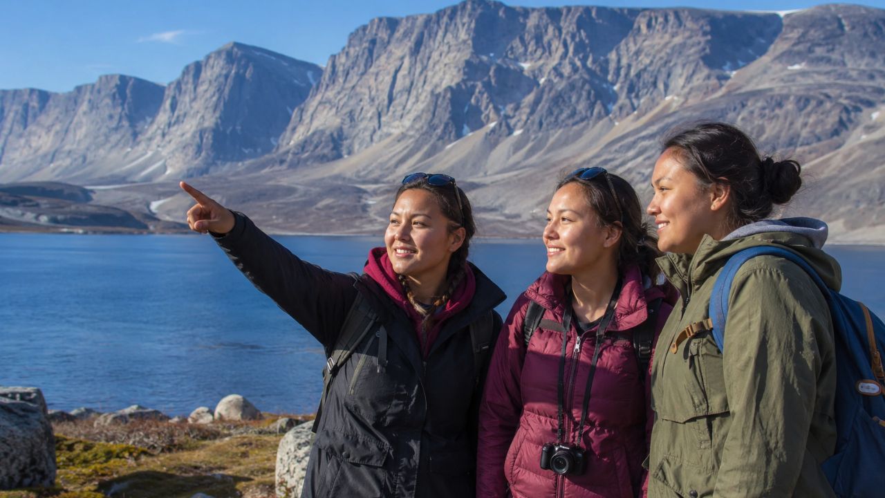A scenic view of the majestic Torngat Mountains in Labrador, Canada, with deep fjords, rocky peaks, and icebergs floating in the water under a dramatic sky.