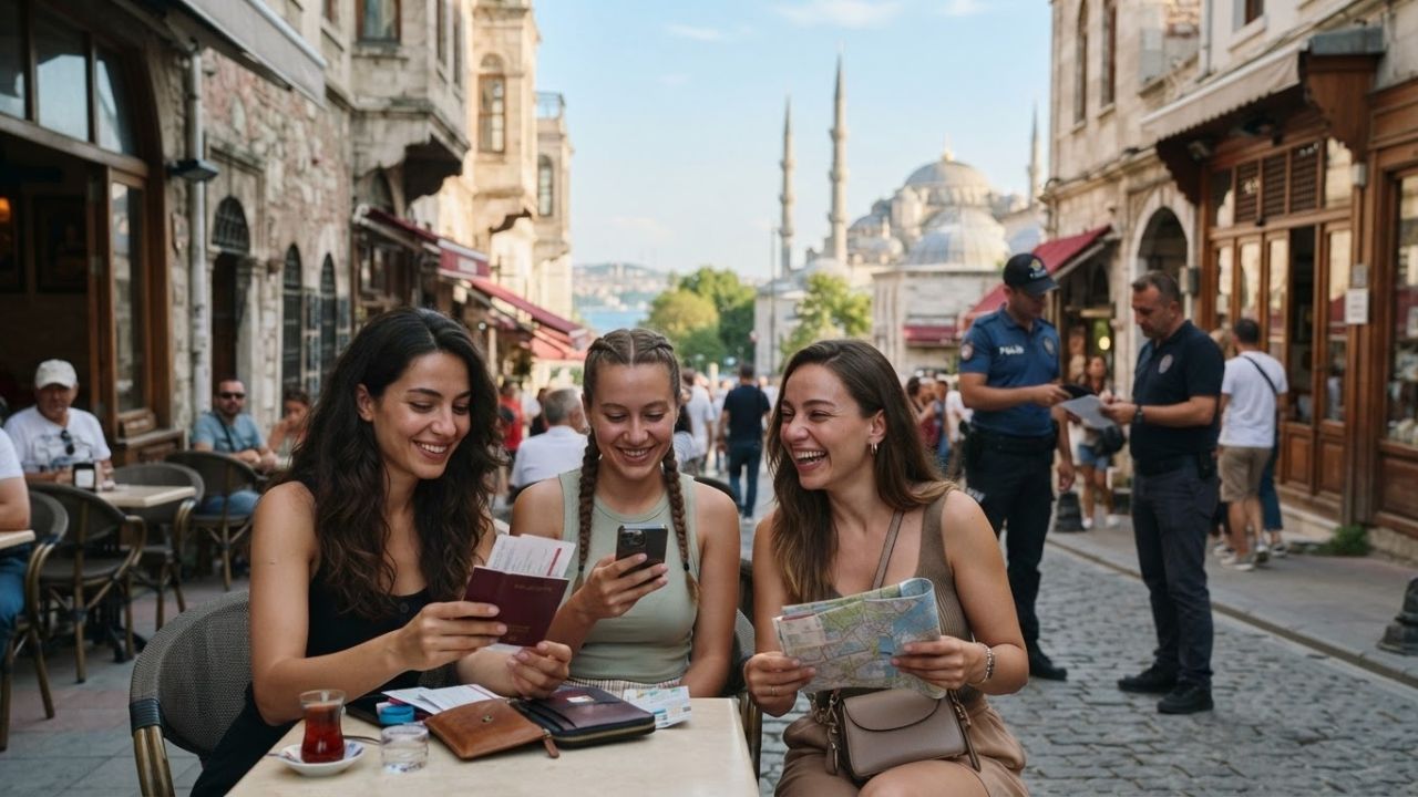 A passport displaying Turkey entry stamp, with a background of historical sites in Istanbul.