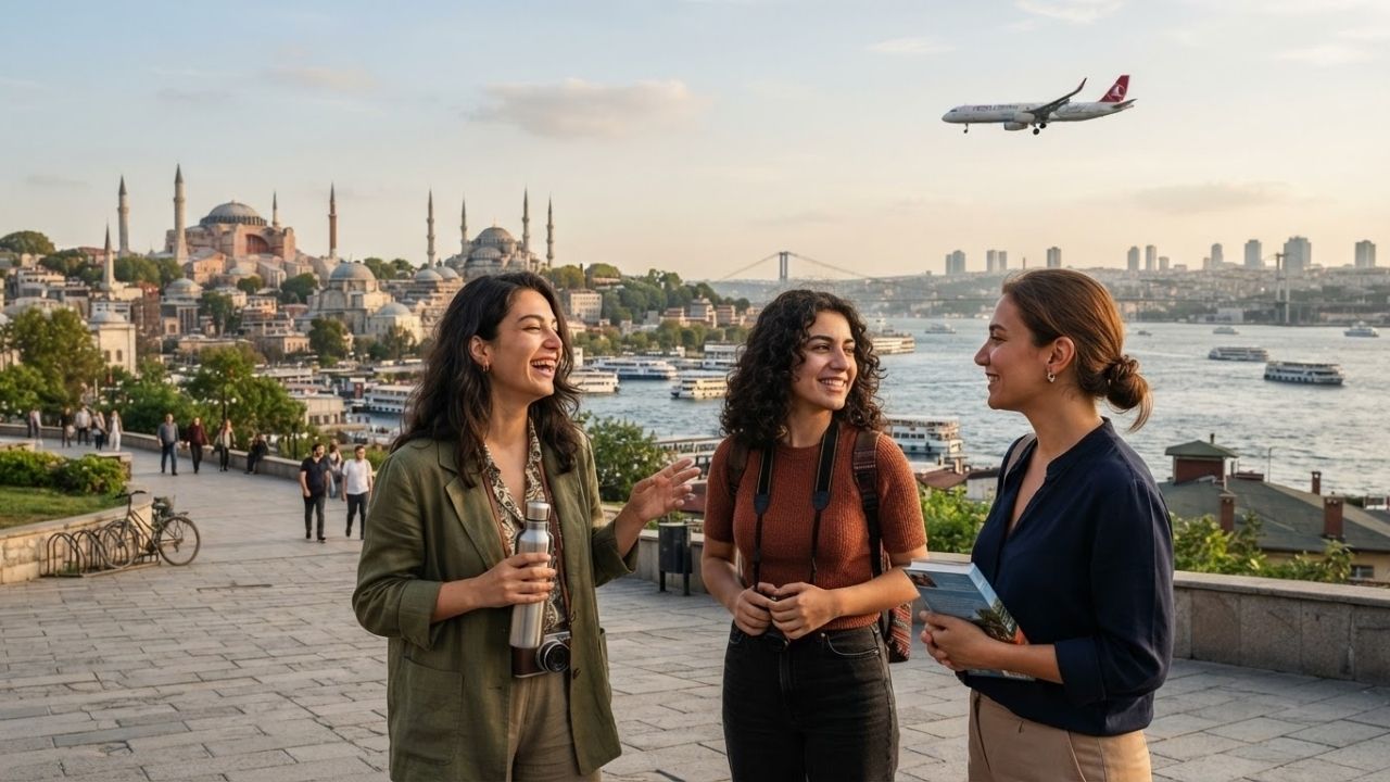 Aerial view of Istanbul skyline with Hagia Sophia and Bosphorus Strait at sunset