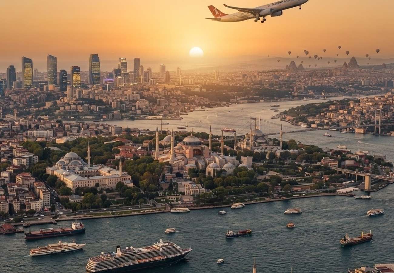 Aerial view of Istanbul skyline and Bosphorus bridge