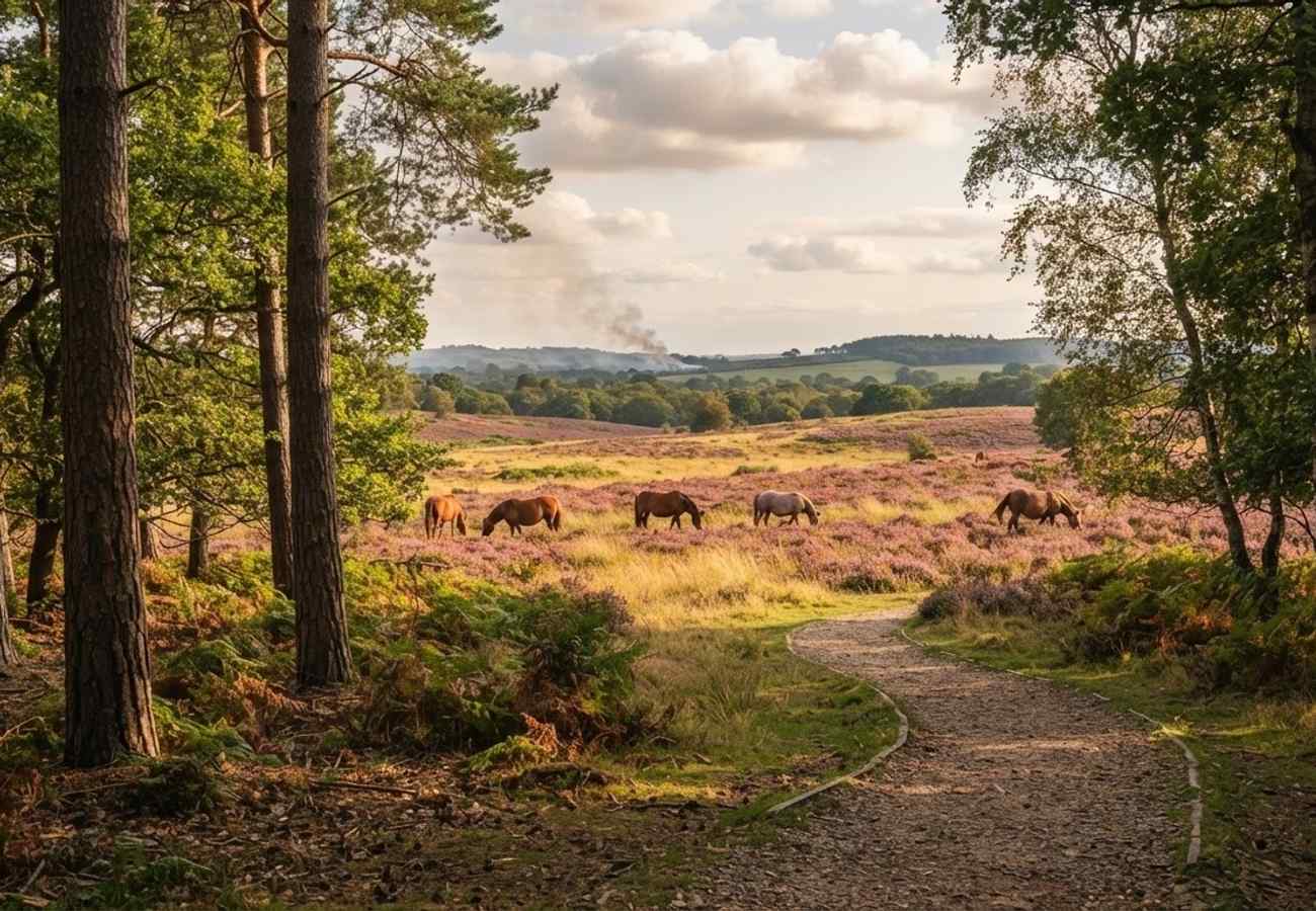Aerial view of the New Forest landscape with emergency services managing a wildfire