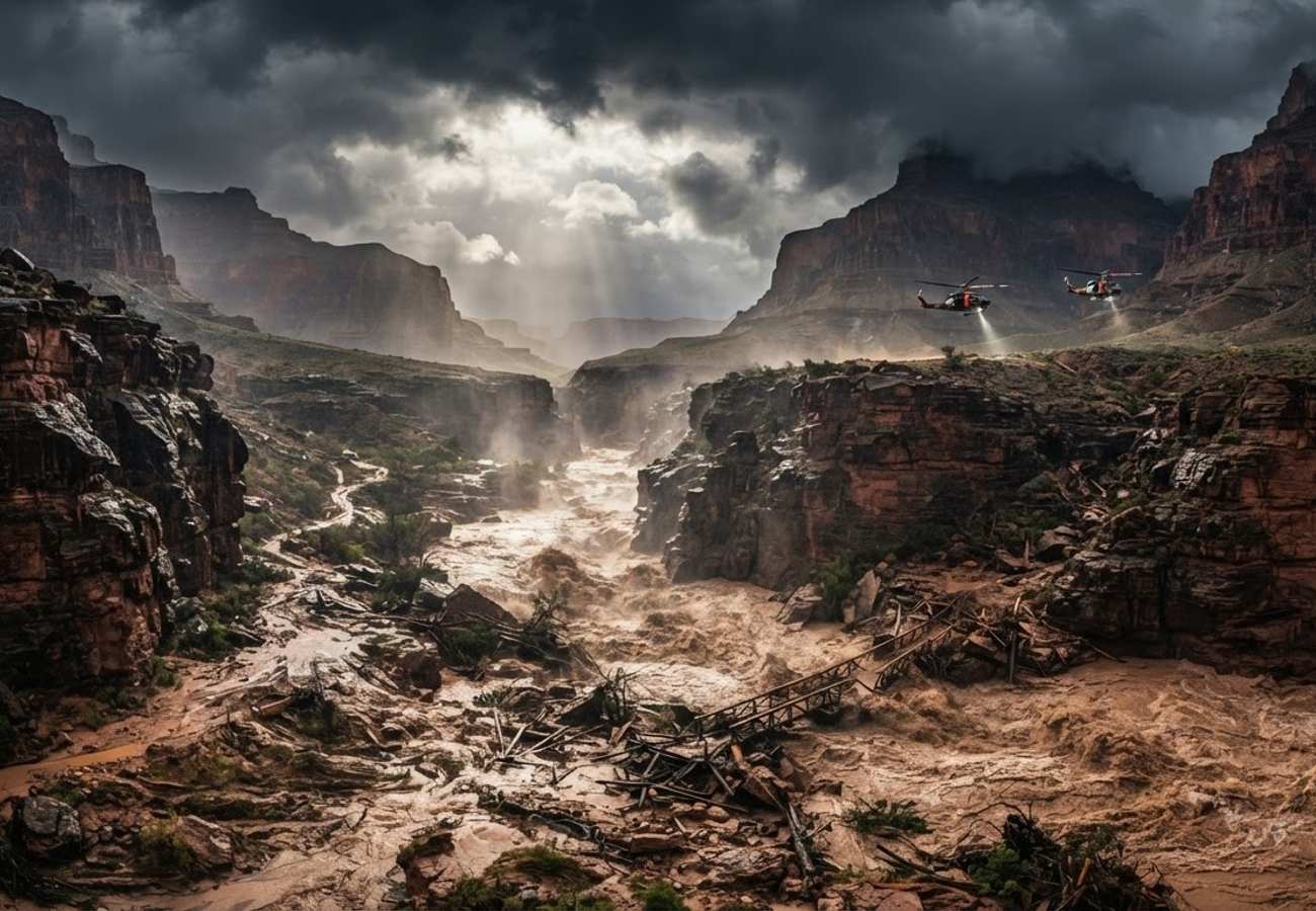 Aerial view of flood-damaged hiking trails and destroyed bridges in a canyon landscape