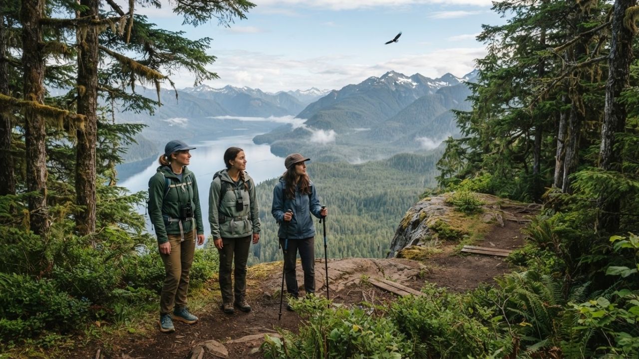 A scenic view of pine trees and mountains in Alaska’s Tongass National Forest.