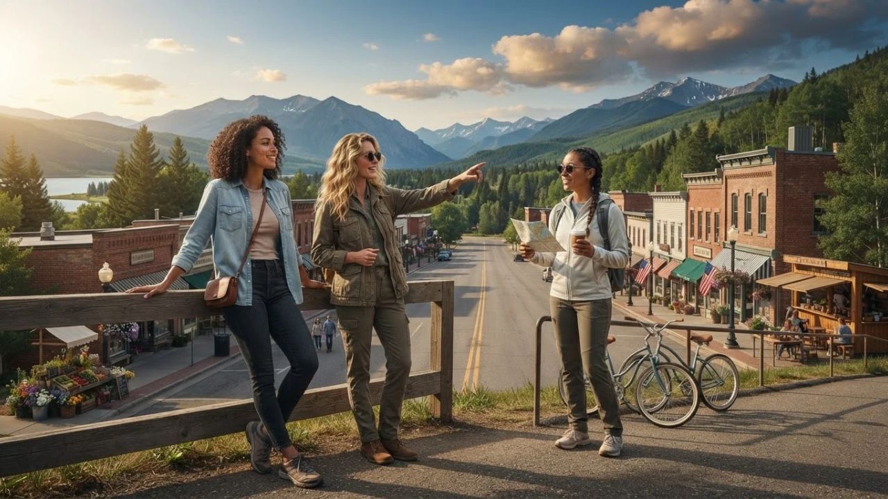 A family walking along a scenic boardwalk overlooking a natural thermal pool in a US national park.