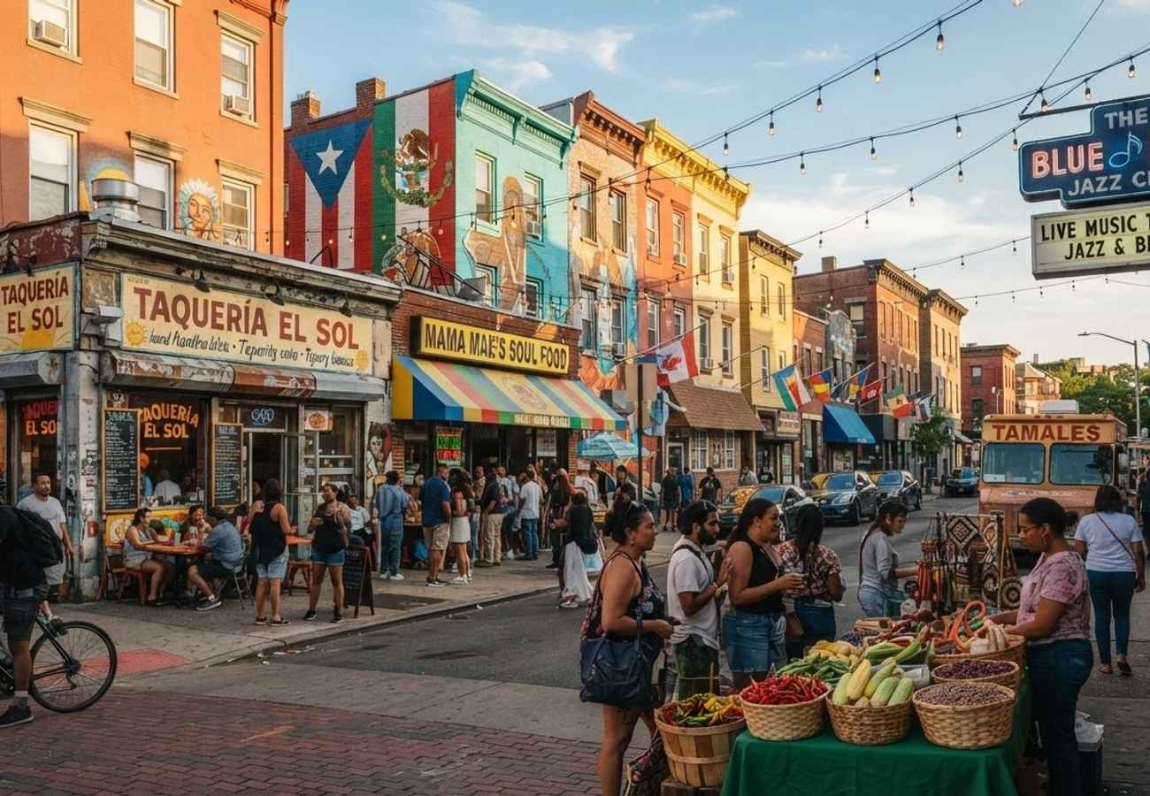Diverse cultural festival in an American city featuring local food and music
