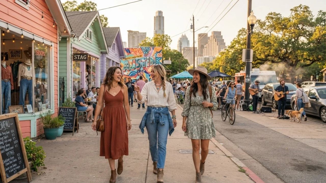 A lively evening view of South Congress Avenue in Austin with retro signs and local travelers.