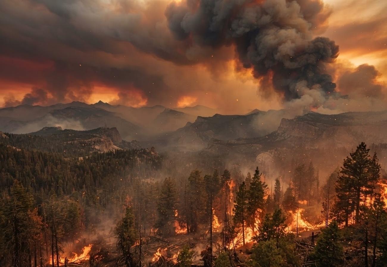 Aerial view of wildfire smoke covering western US mountain ranges