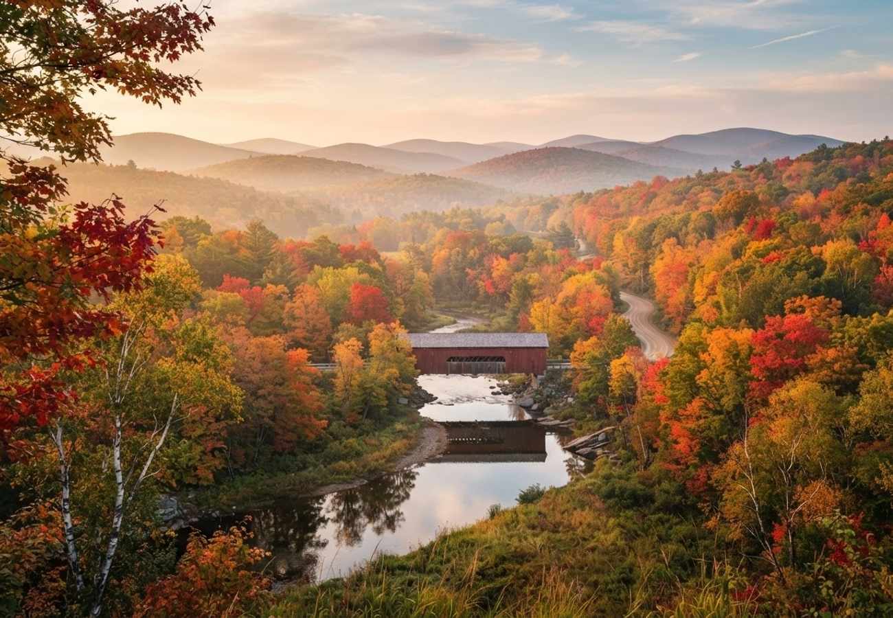Golden autumn foliage reflecting in a calm American mountain lake