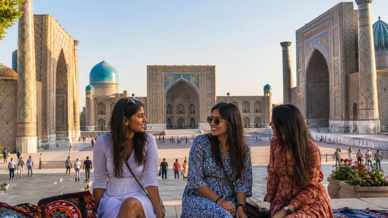 Blue tiled madrasas of Registan Square in Samarkand Uzbekistan under sunset sky