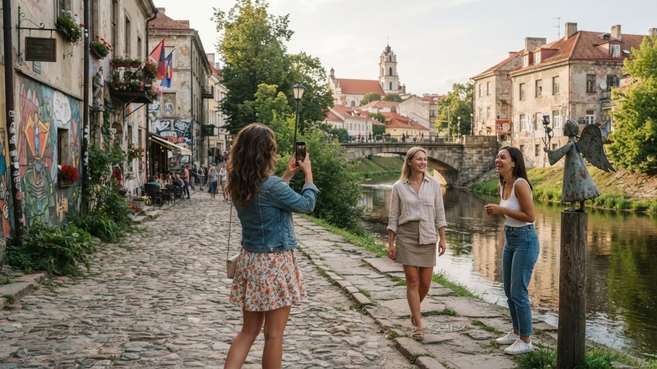 A colorful street in the Užupis district of Vilnius, Lithuania with street art and historic brick buildings