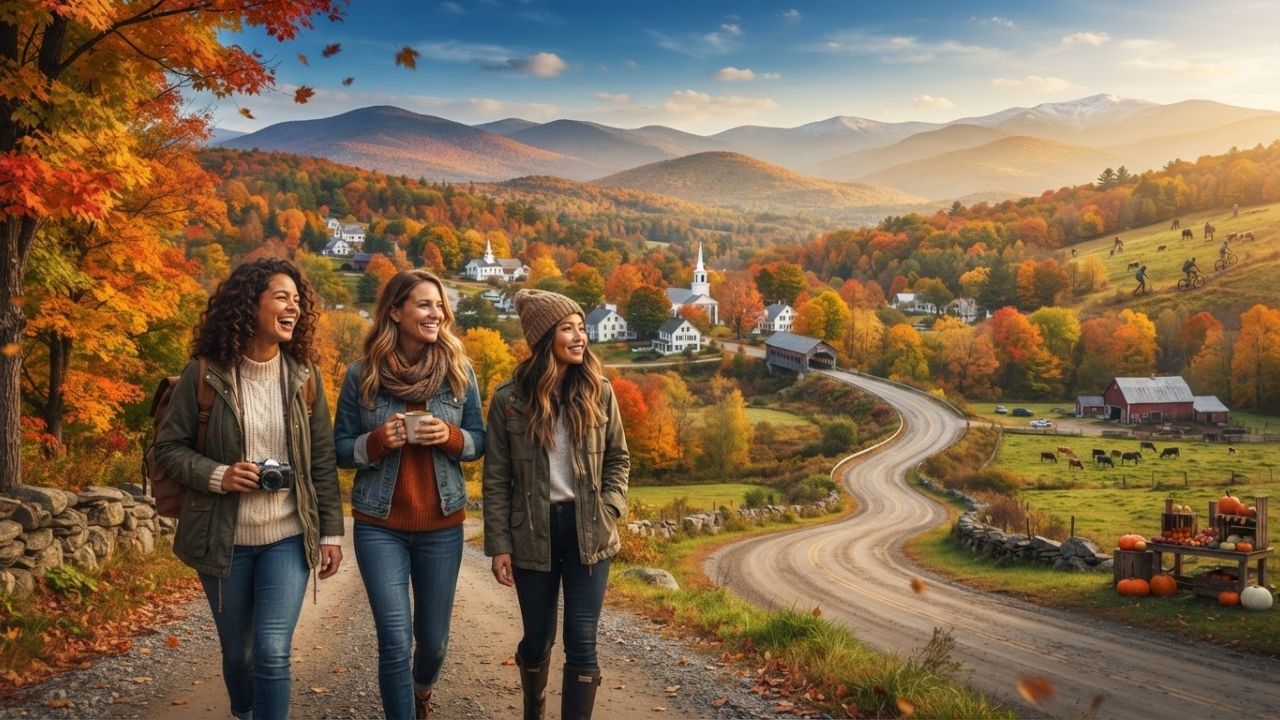 A scenic wide-angle view of a traditional red barn surrounded by colorful autumn forests and the rolling Green Mountains of Vermont.