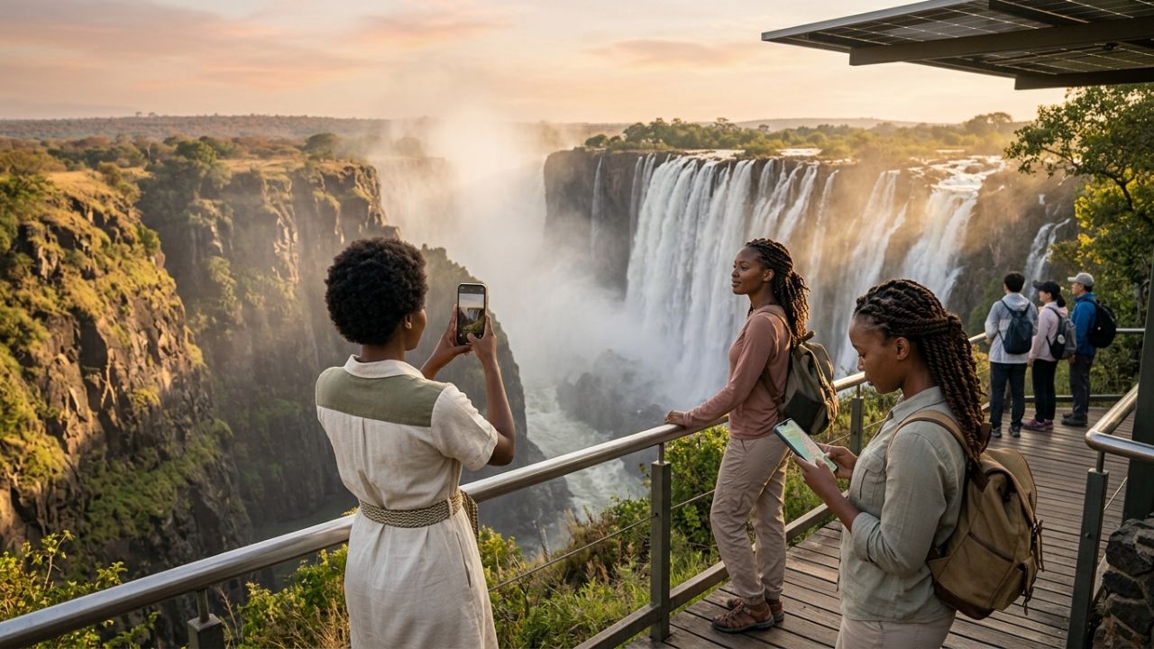 A majestic view of Victoria Falls in Zimbabwe with a rainbow spanning across the gorge.