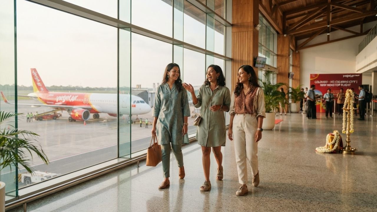 A Vietjet aircraft on the tarmac at Bandaranaike International Airport in Colombo, Sri Lanka, marking the inaugural nonstop service to Ho Chi Minh City, Vietnam in August 2026
