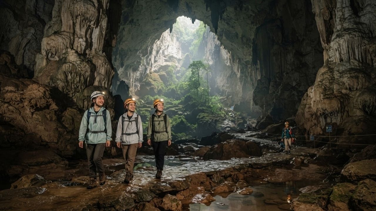 Cavers exploring colossal underground doline and jungle inside Son Doong Cave Vietnam