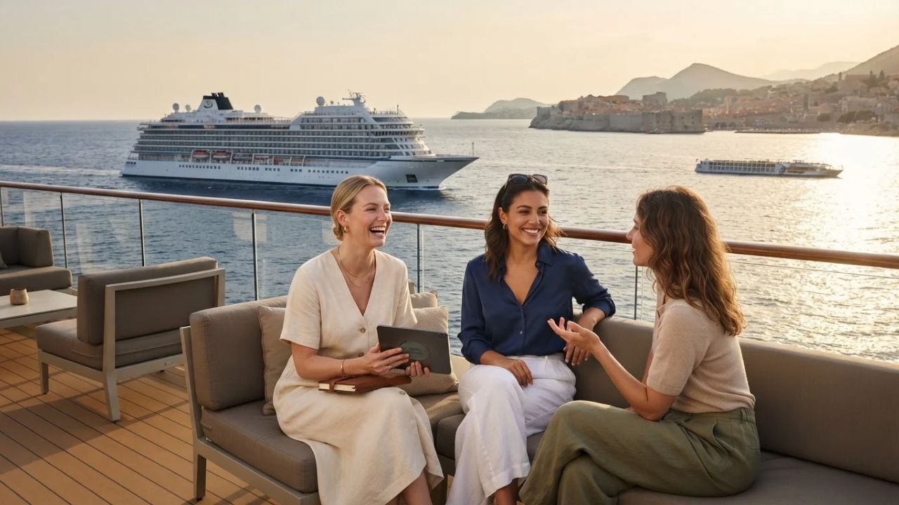 A sleek modern Viking ocean cruise ship sailing through a fjord.