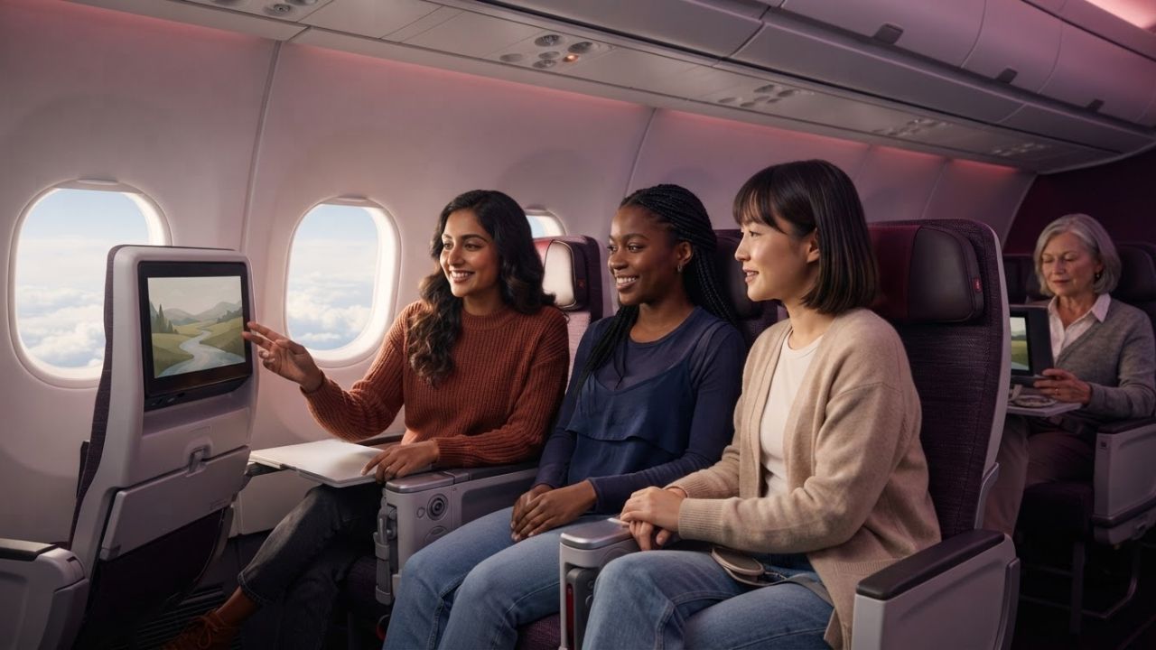 A passenger sitting comfortably in an airline seat using the inflight entertainment screen.
