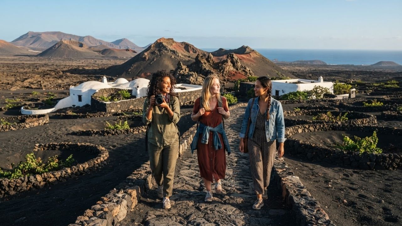 Stone-walled circular pits protecting grapevines in the dark volcanic ash of La Geria, Lanzarote