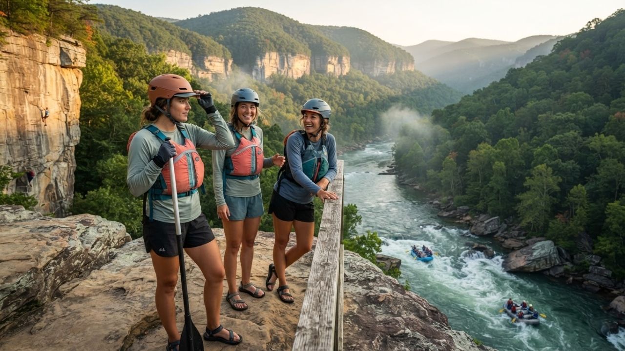 Scenic autumn view of New River Gorge in West Virginia with whitewater rapids below.