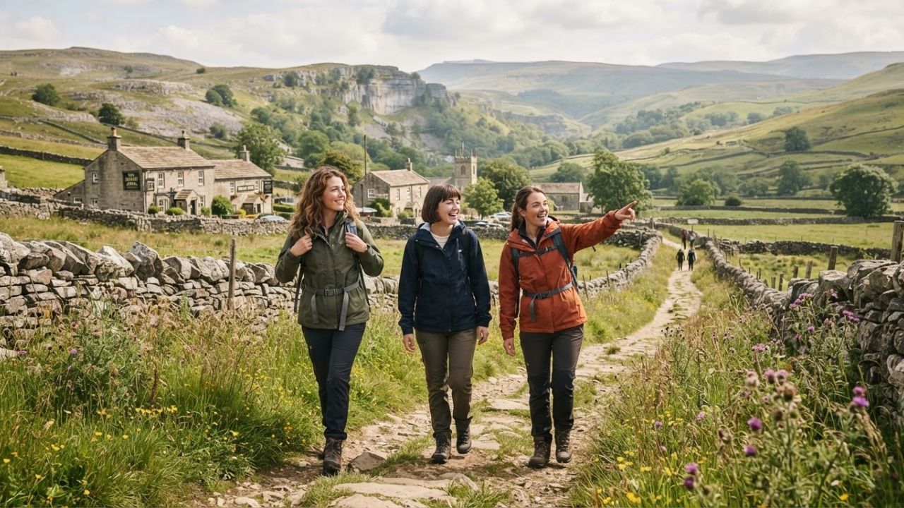 A scenic walking trail passing through green hills and dry-stone walls in the Yorkshire Dales National Park.