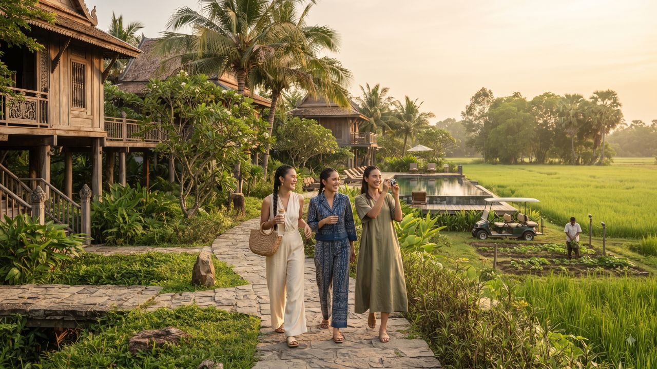 Luxury wooden villas elevated on stilts surrounded by green rice paddies in Cambodia.
