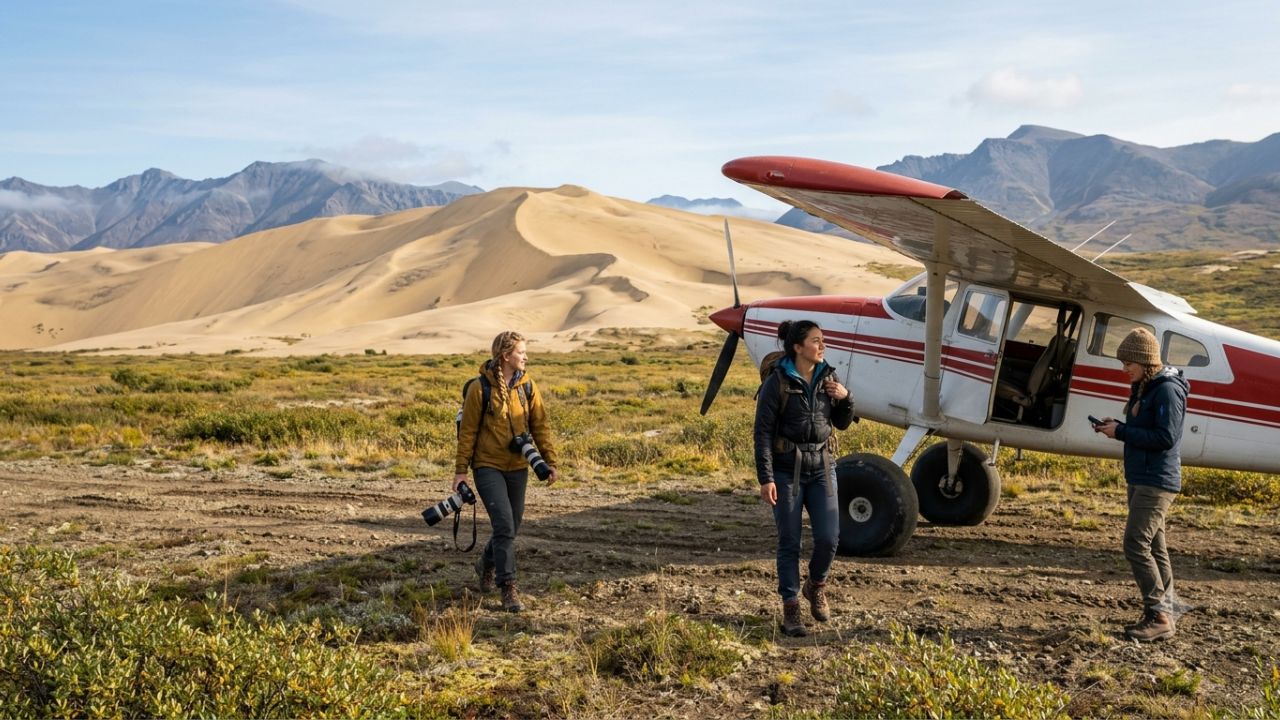 Bush plane landing in Kobuk Valley National Park near Great Kobuk Sand Dunes Alaska