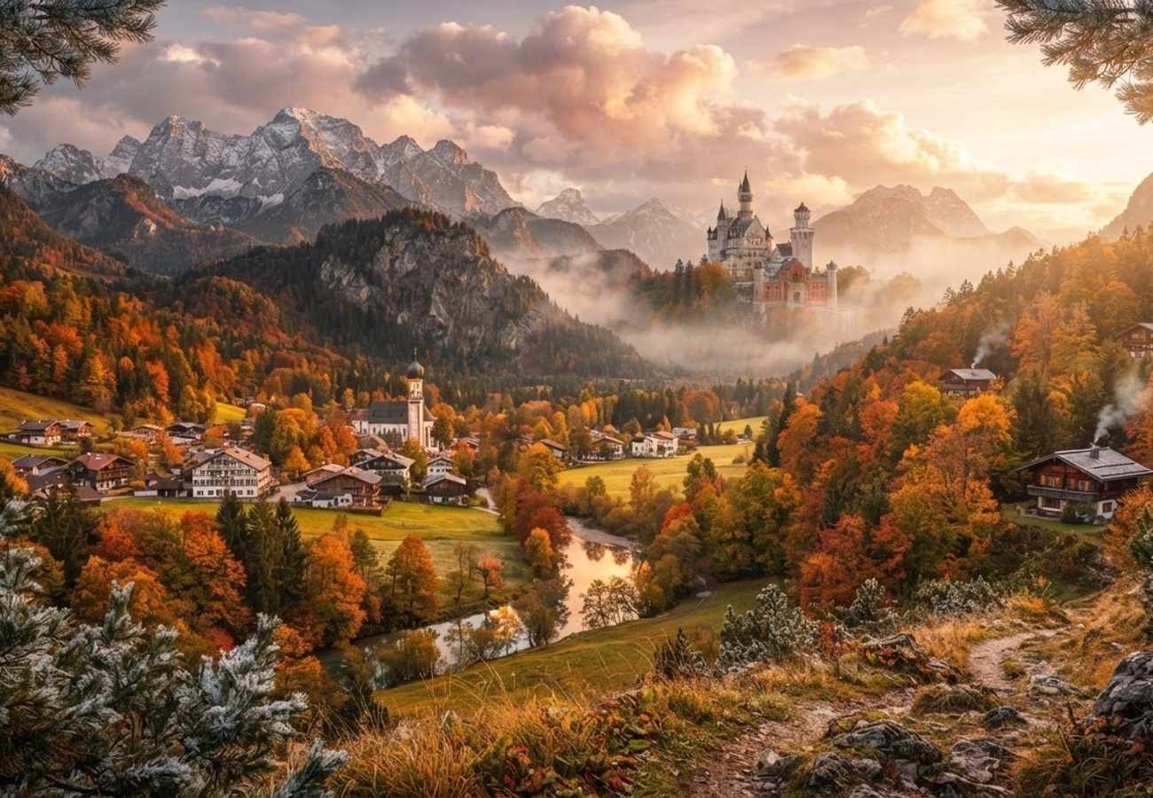 Autumn landscapes in the Albanian Alps and Bavarian villages