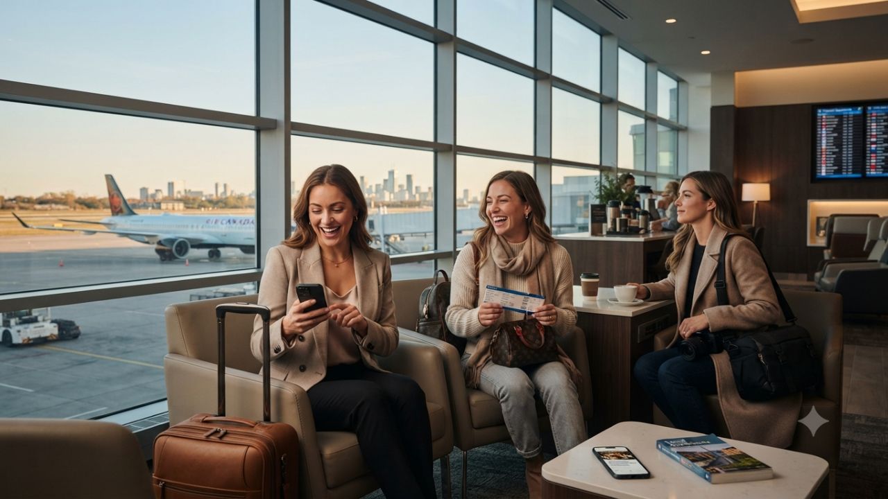 Air Canada passenger airliner at airport terminal with luxury travel rewards concept