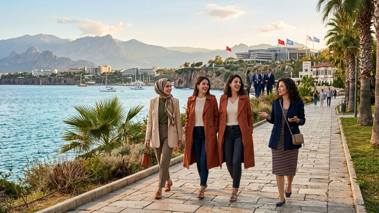 Antalya coastline with luxury resort hotels and convention centers along the Mediterranean in Turkiye