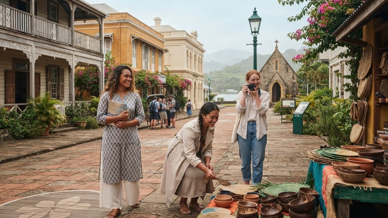 Restored historic architectural monument surrounded by visitors along a green cultural trail