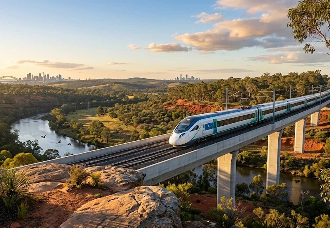 High-speed electric train traversing the Australian East Coast landscape