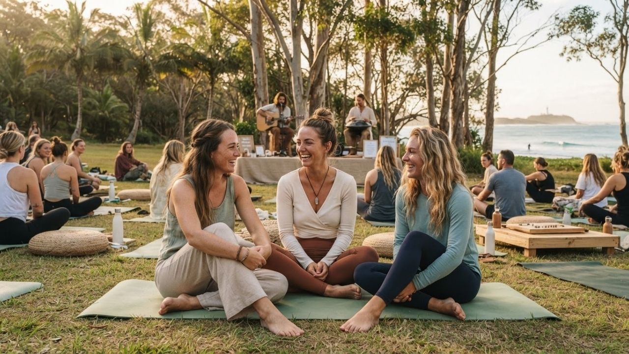 Outdoor yoga and movement session on coastal ocean grass in Byron Bay Australia