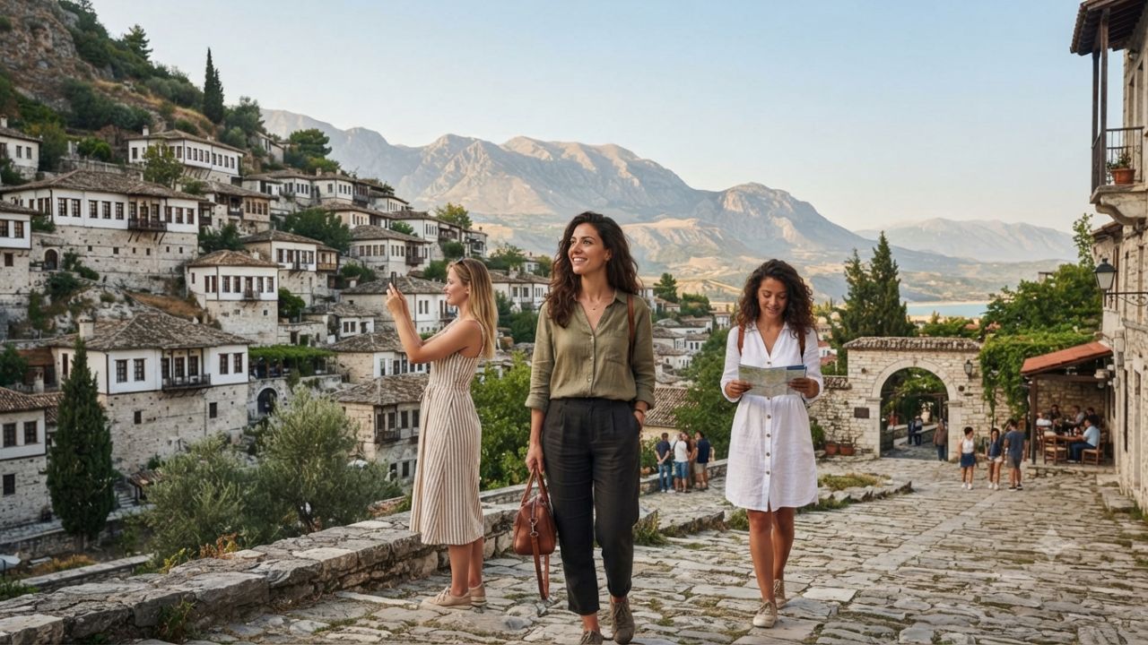 Historic street and Ottoman stone architecture in Berat, Albania
