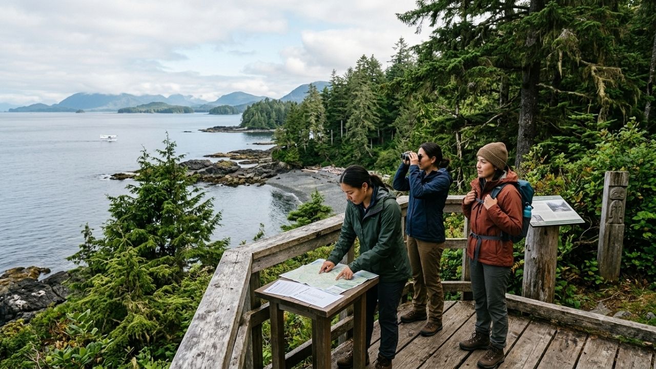 Haida Gwaii Watchmen pole and coastal temperate rainforest in Gwaii Haanas