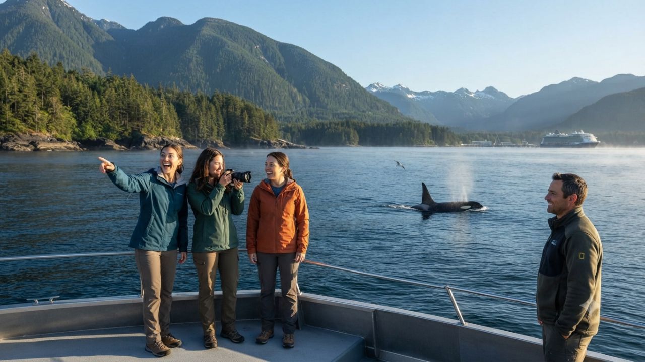 Whale watching vessel and coastal wilderness along the Pacific coast of British Columbia